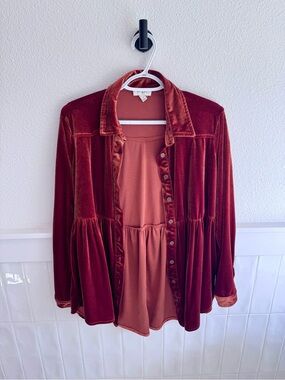 Velvet Button-Front Women’s Top in Deep Orange